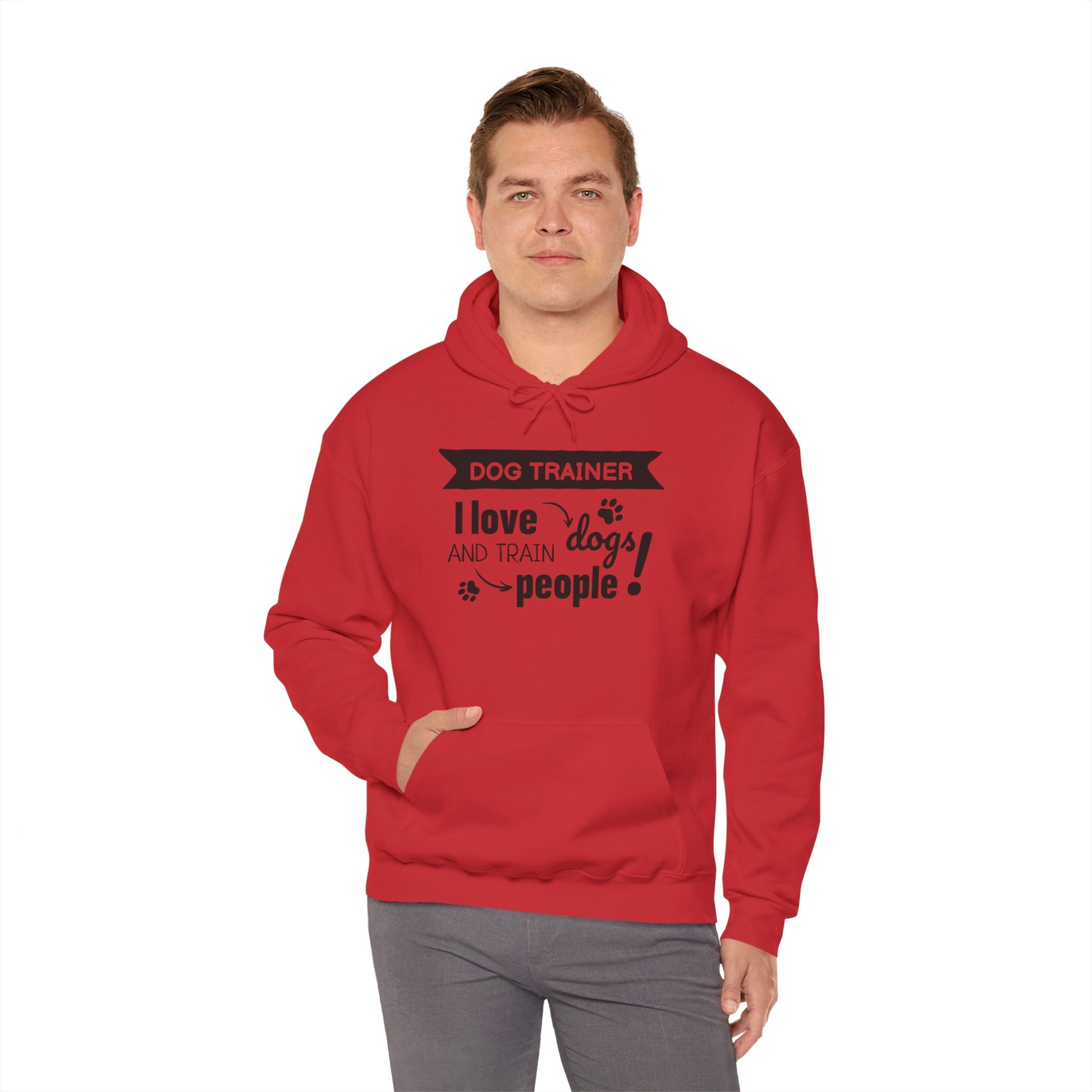 Man wearing a red hoodie with text design on a white background