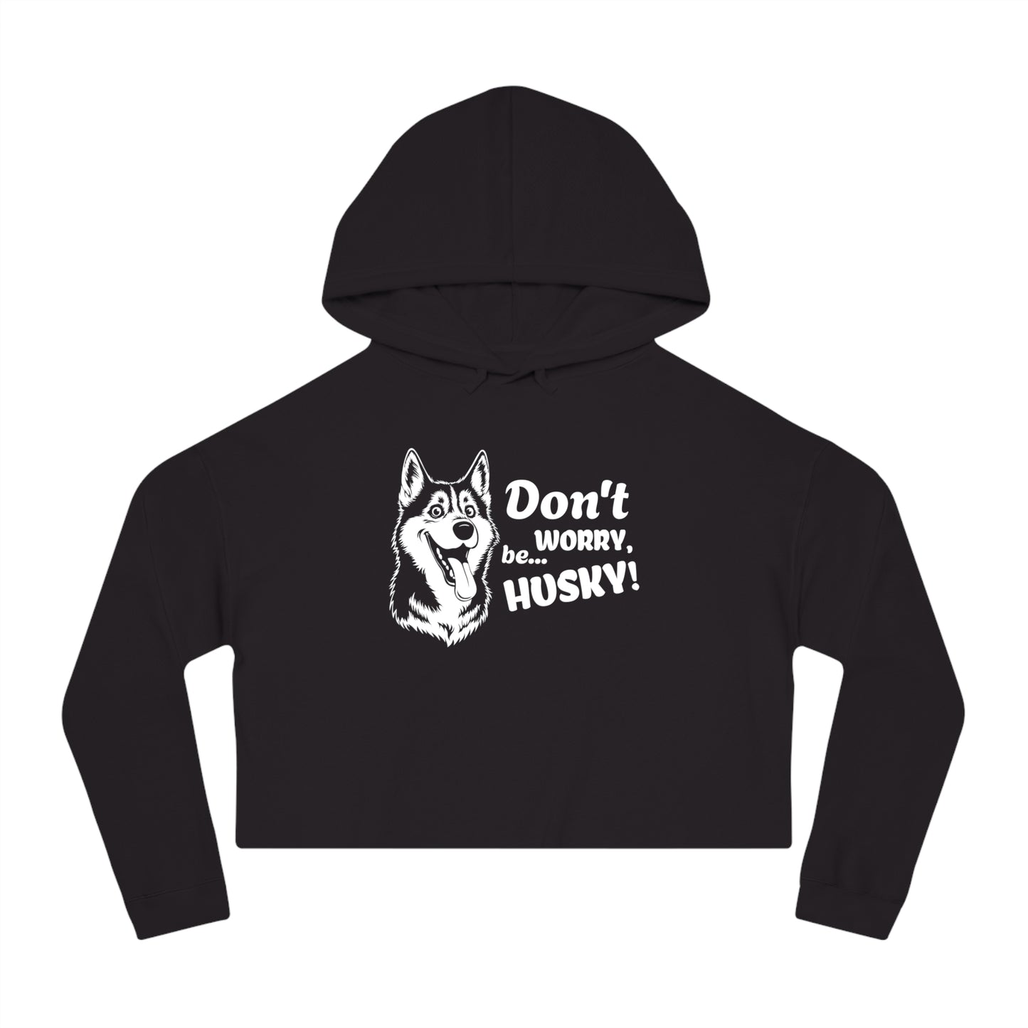 Black hoodie with husky graphic and text on a white background