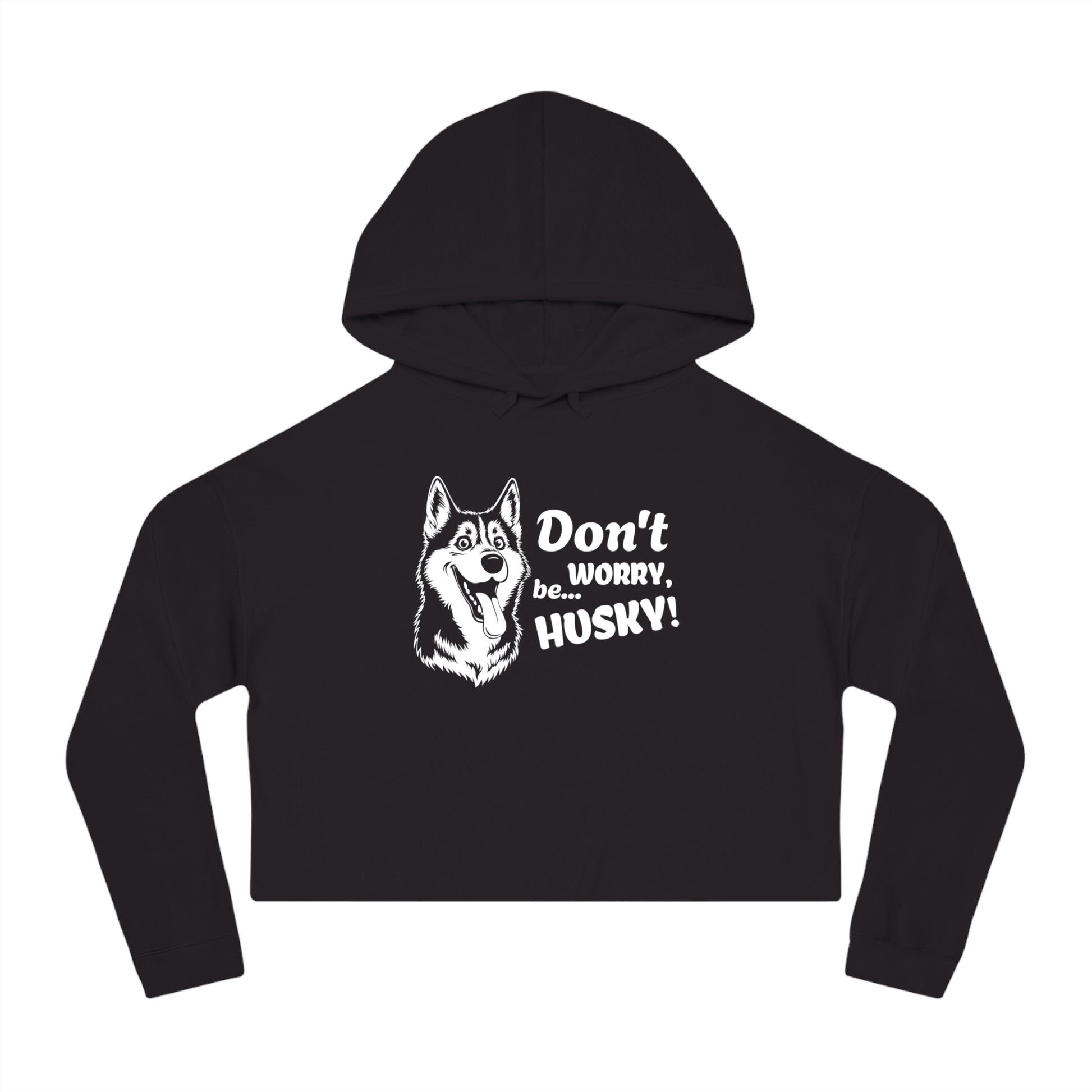 Black hoodie with husky graphic and text on a white background