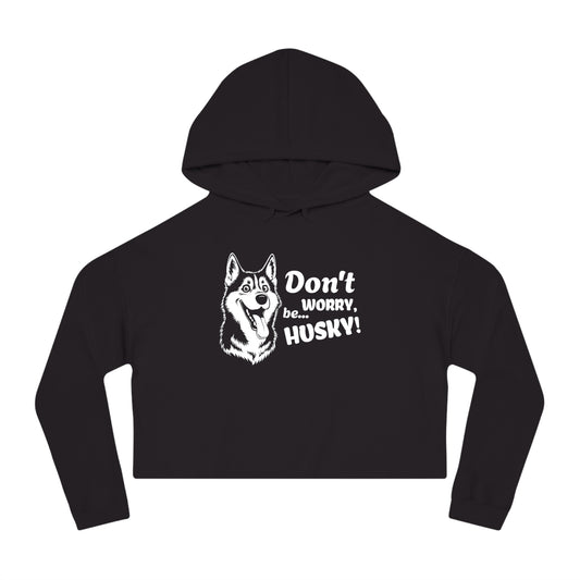 Black hoodie with husky graphic and text on a white background