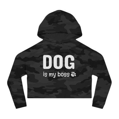 Black camouflage hoodie with 'DOG is my boss' text on a white background
