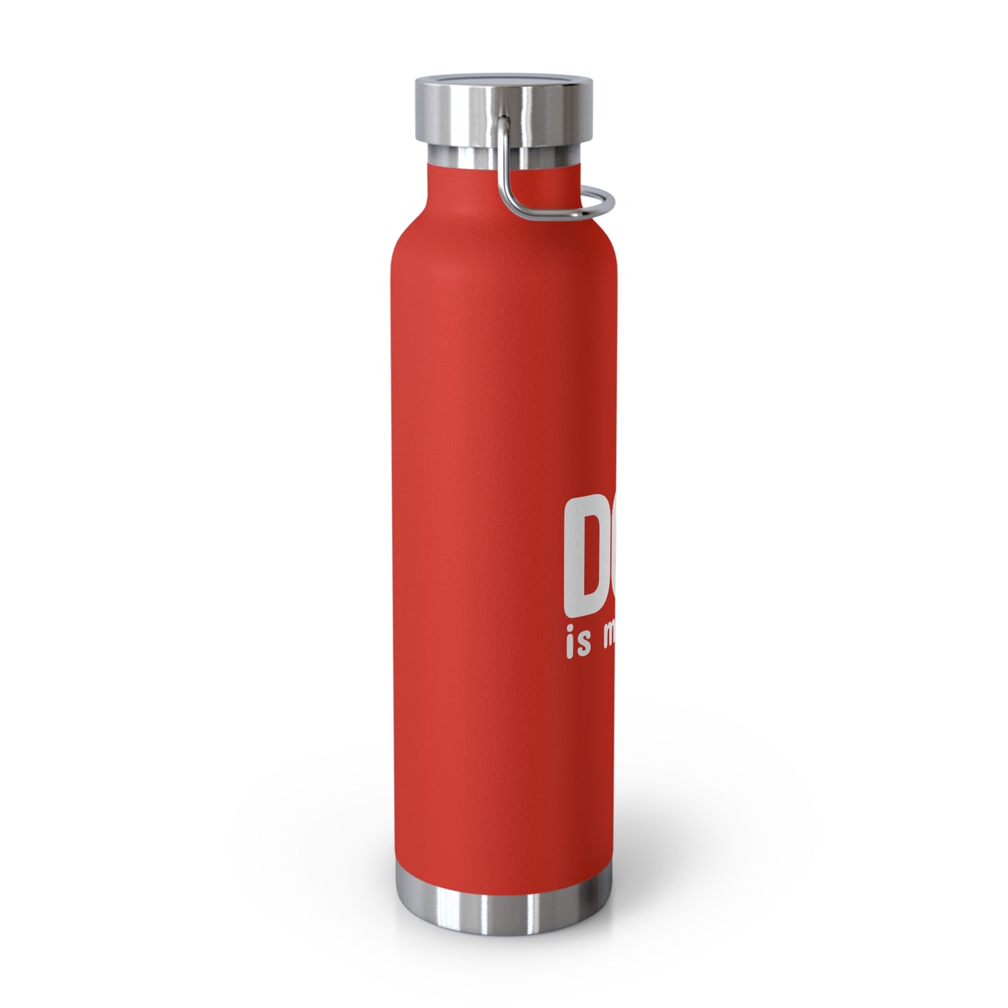 Red water bottle with silver cap and handle on a white background