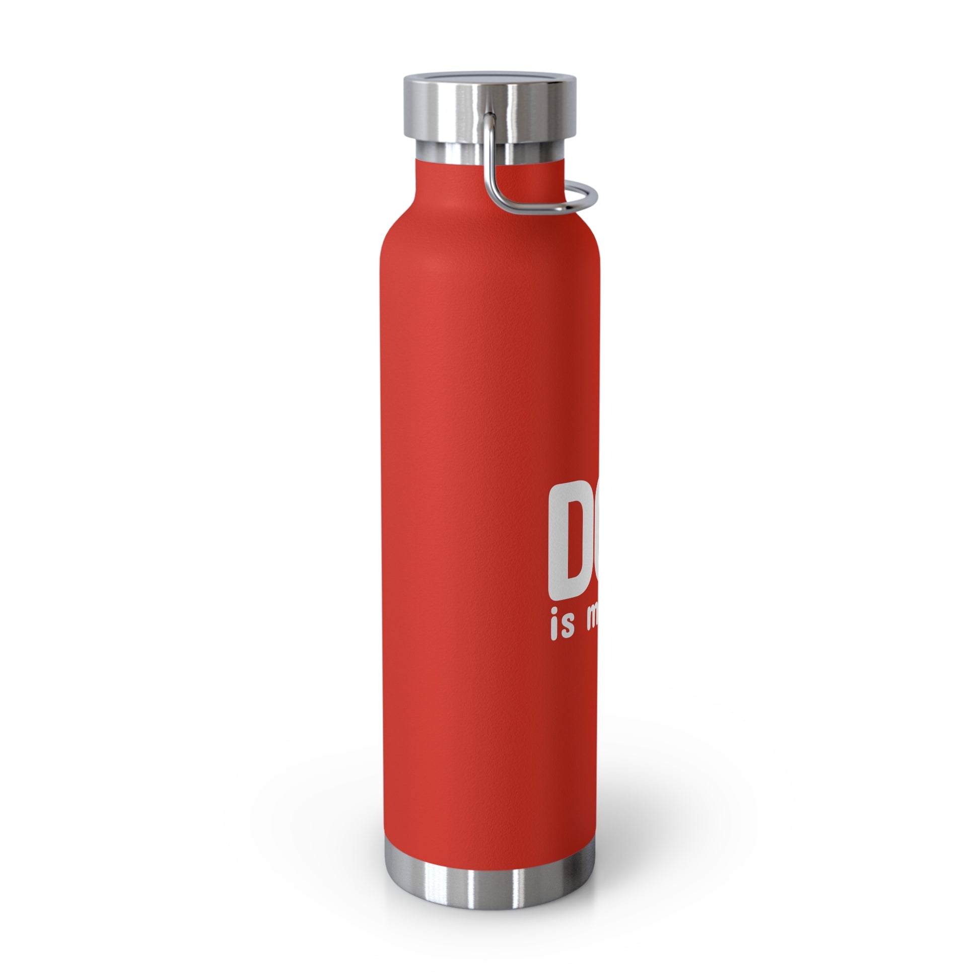Red water bottle with silver cap and handle on a white background