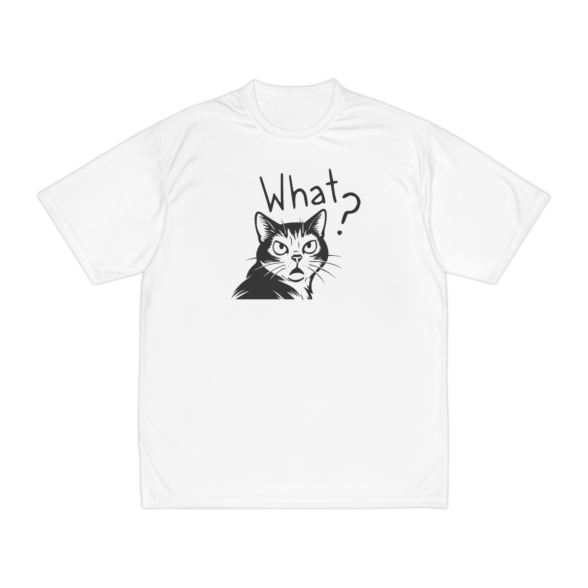 White t-shirt with a black cat graphic and 'What?' text on a white background