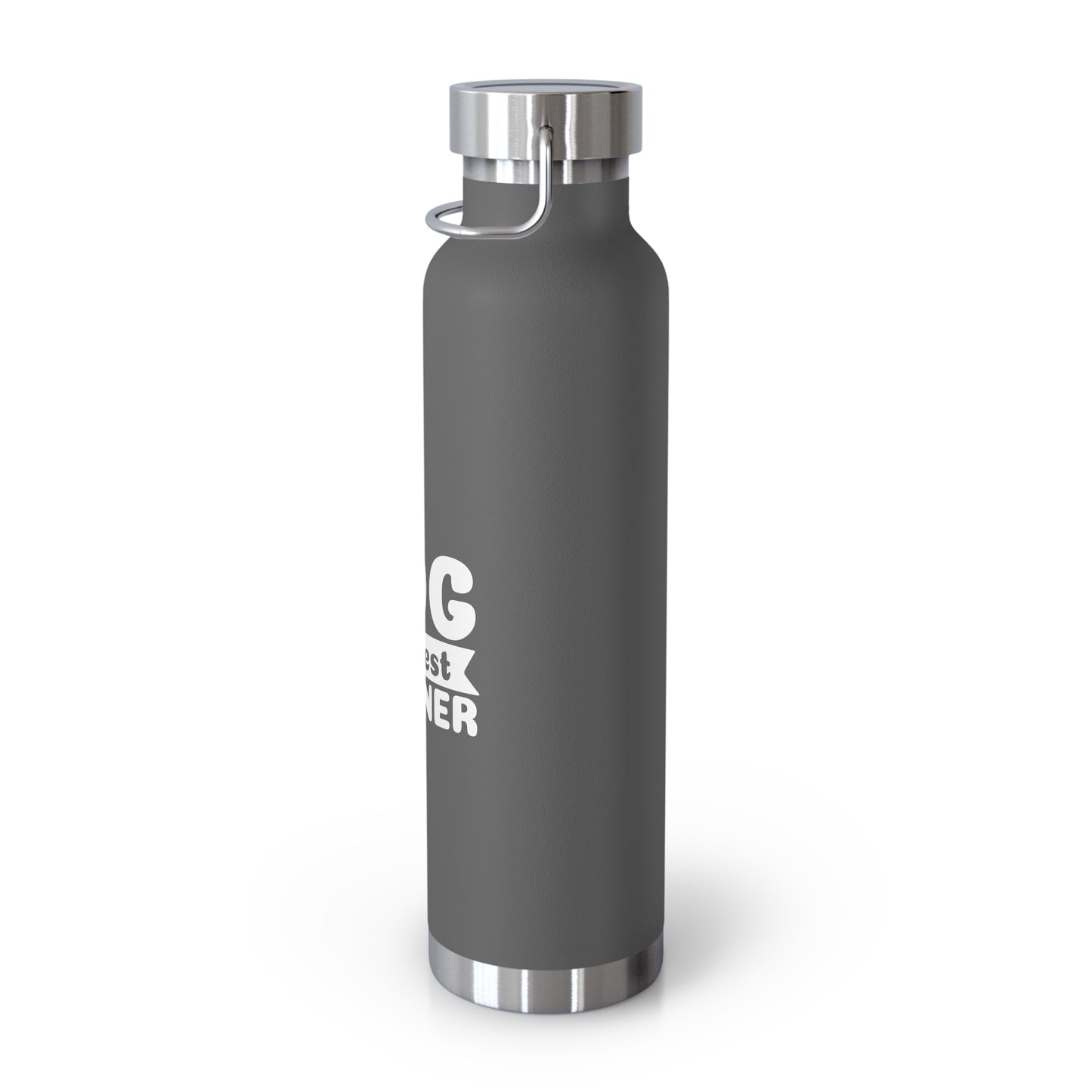 Gray water bottle with silver cap on a white background