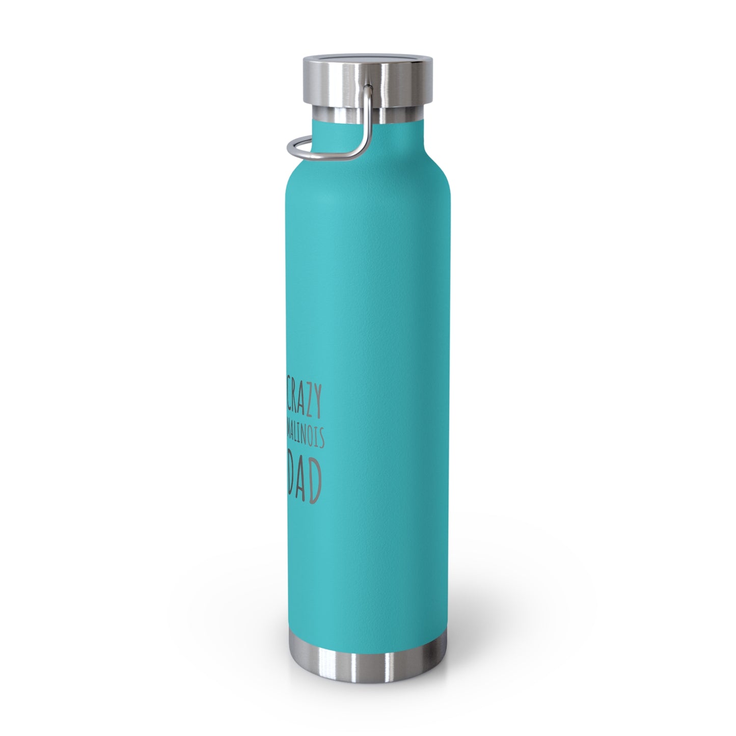 Turquoise water bottle with silver cap on a white background