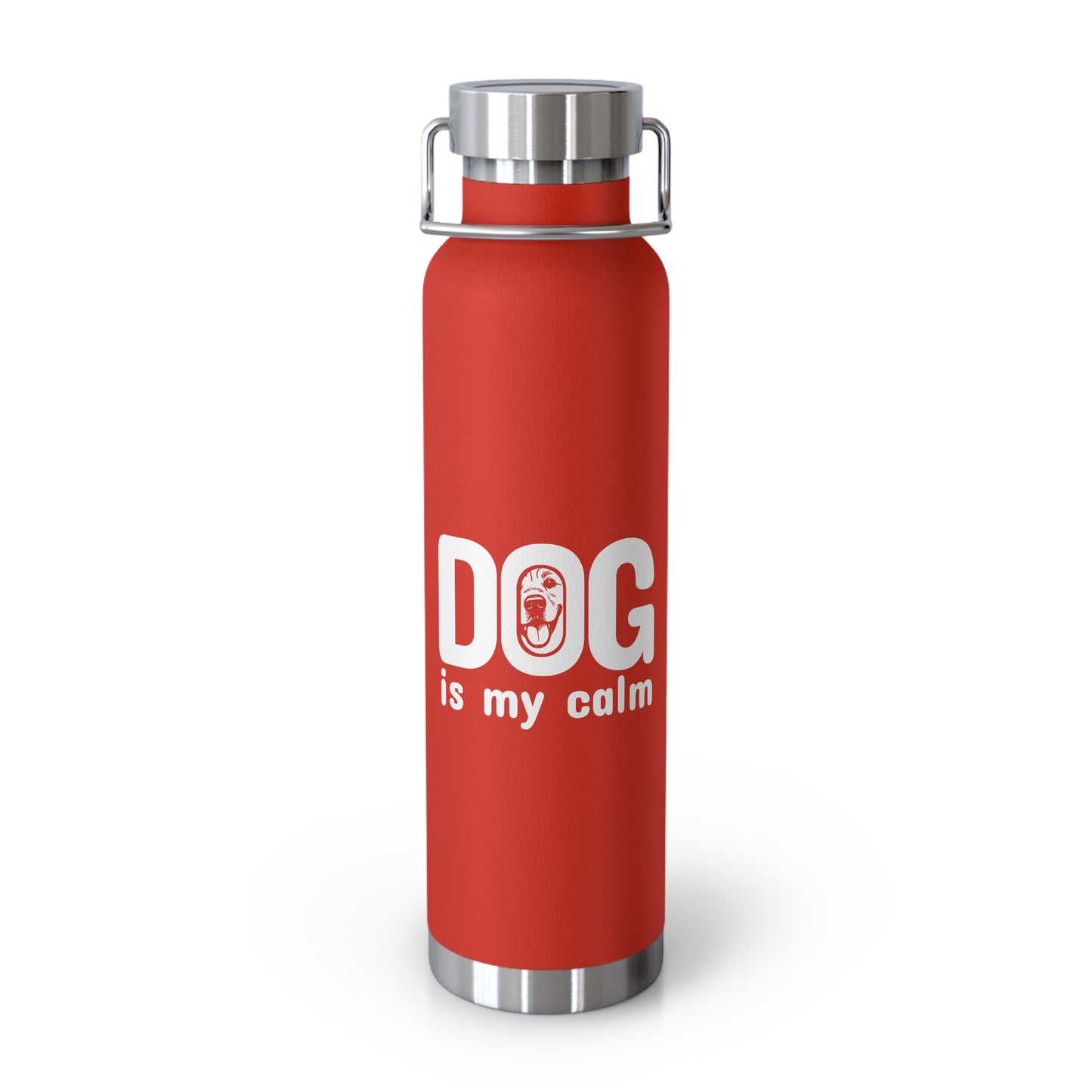 Red water bottle with 'DOG is my calm' text on a white background