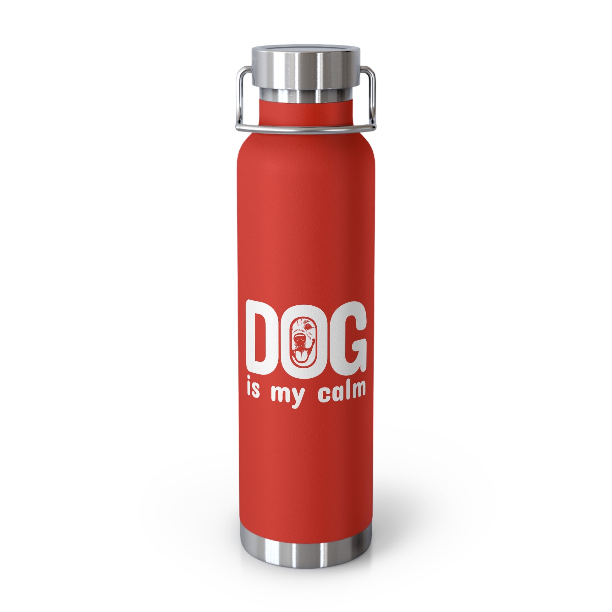 Red water bottle with 'DOG is my calm' text on a white background