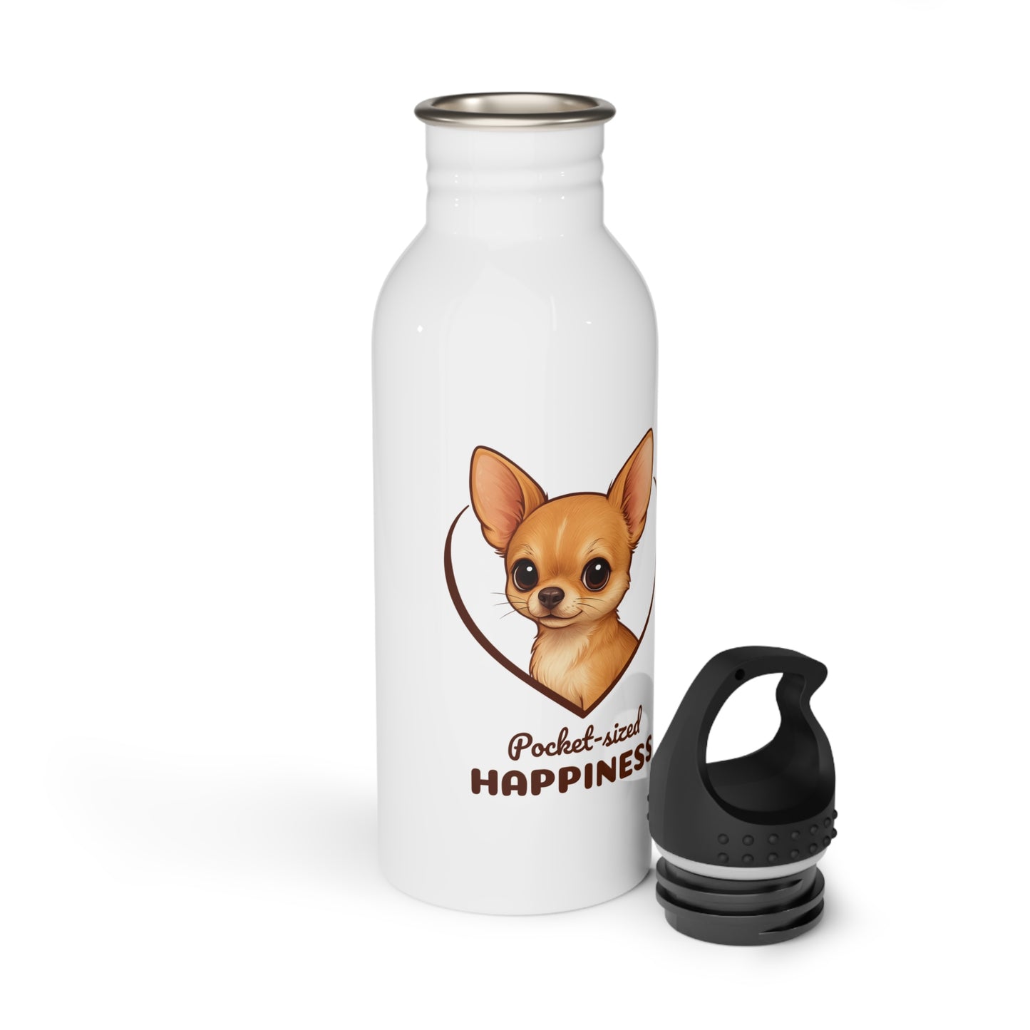 White water bottle with a chihuahua illustration and text on a white background