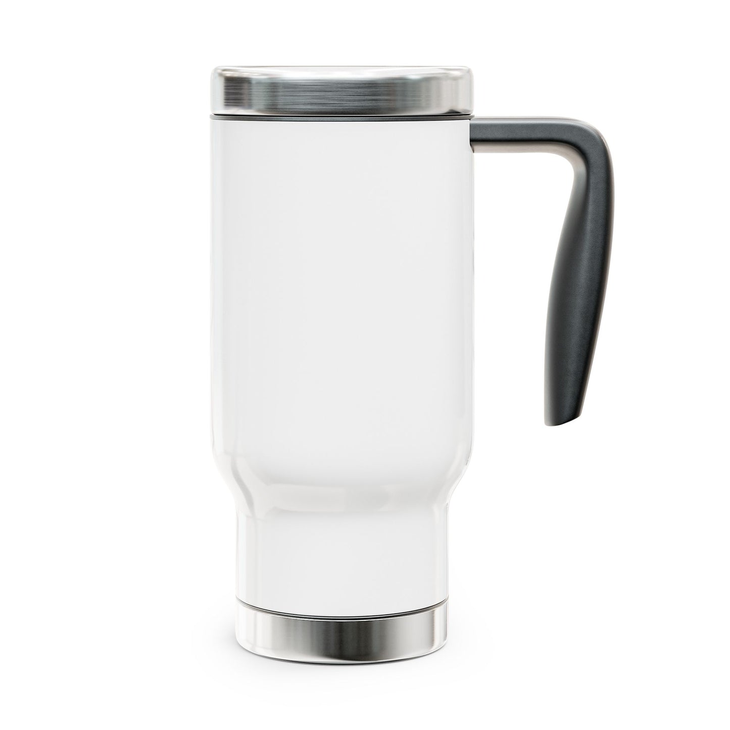 White travel mug with a black handle on a white background