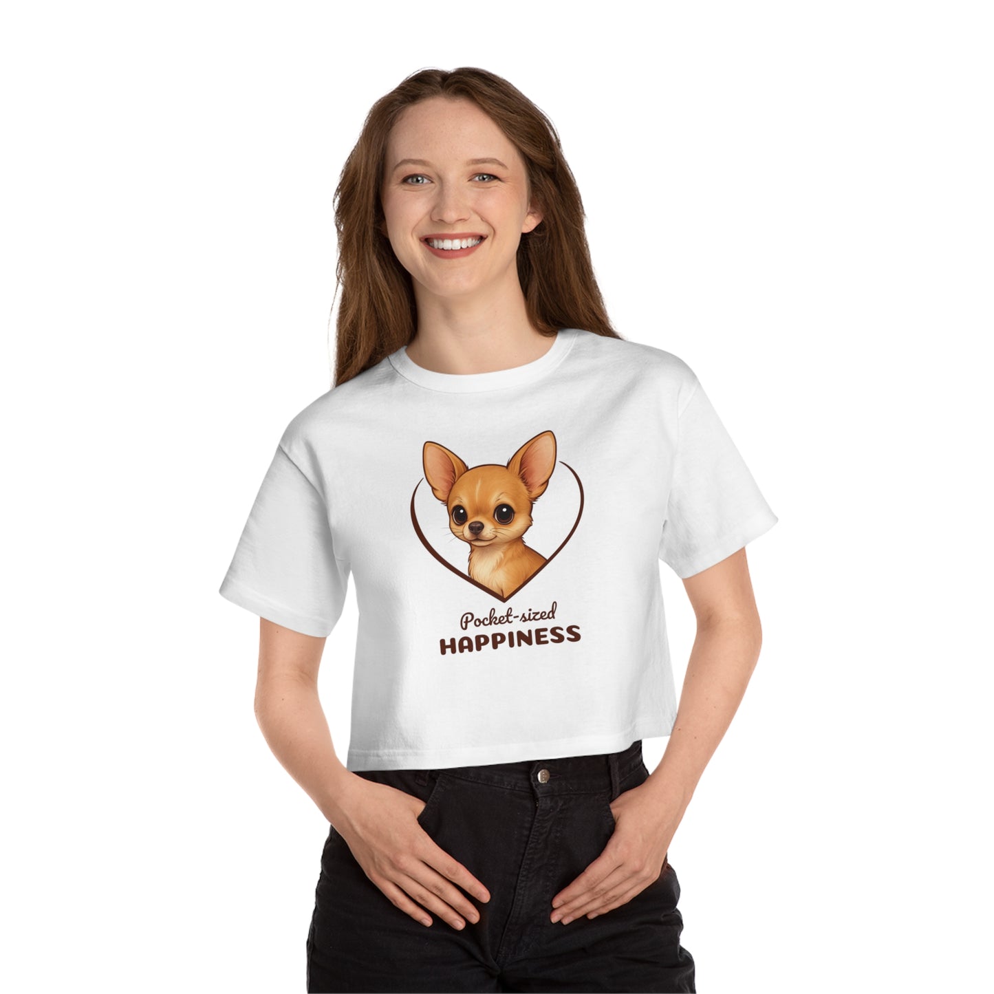 Person wearing a white t-shirt with a dog illustration and text on a white background