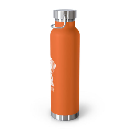 Orange water bottle with silver cap on a white background