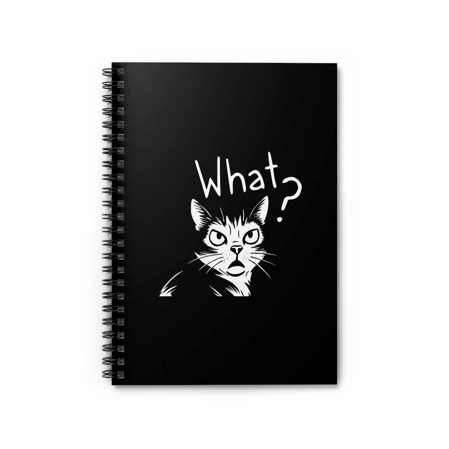Black notebook with a white cat illustration and 'What?' text on a white background