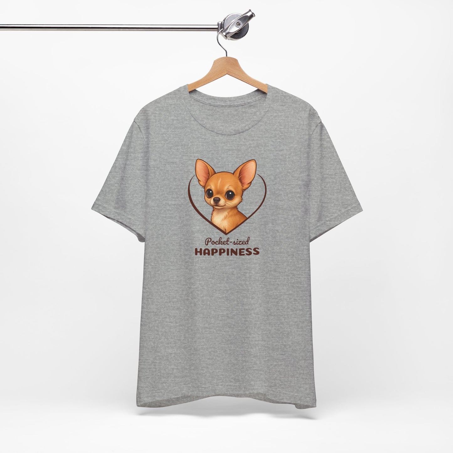 Gray t-shirt with a dog graphic and text on a white background