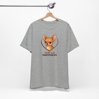 Gray t-shirt with a dog graphic and text on a white background