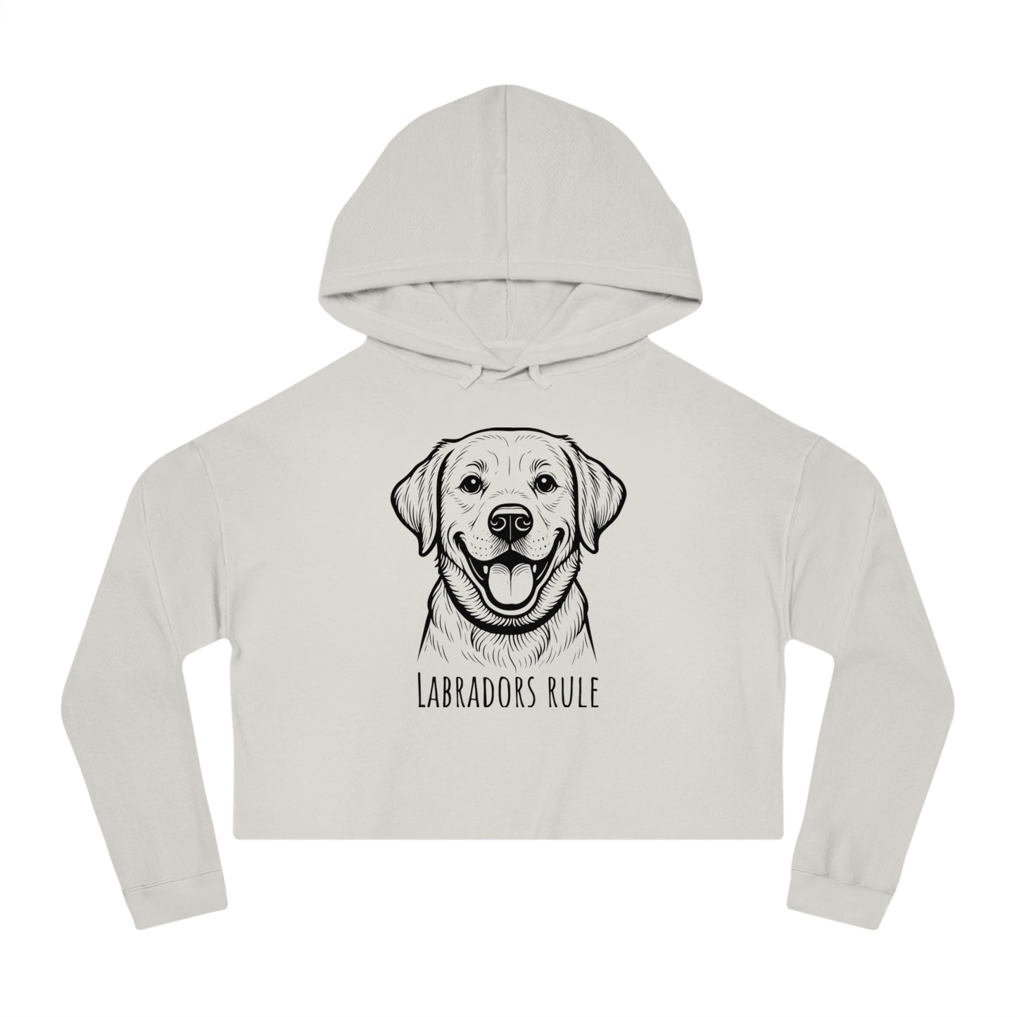 White cropped hoodie with a dog illustration and 'Labradors Rule' text on a white background