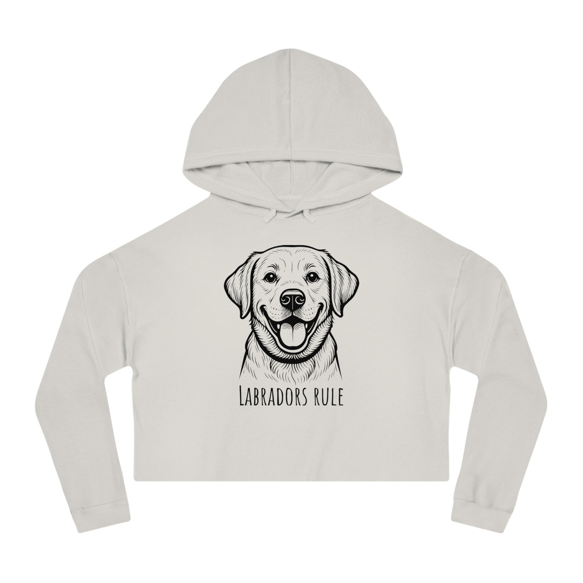 White cropped hoodie with a dog illustration and 'Labradors Rule' text on a white background