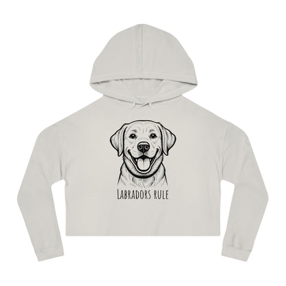 White cropped hoodie with a dog illustration and 'Labradors Rule' text on a white background