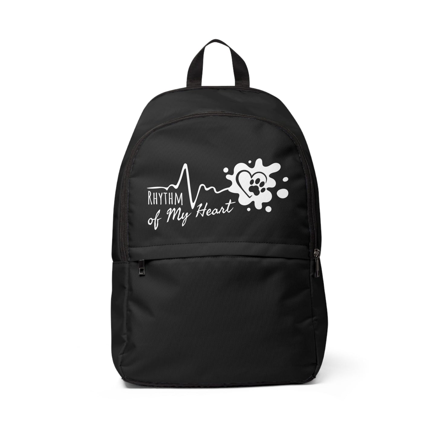 Black backpack with 'Rhythm of My Heart' design on a white background