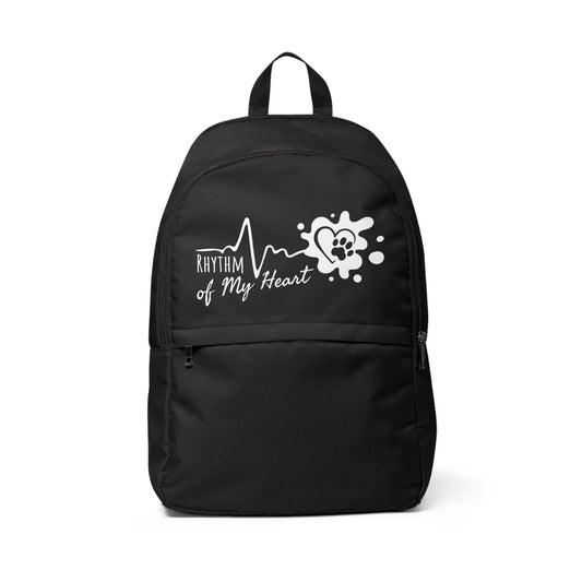 Black backpack with 'Rhythm of My Heart' design on a white background