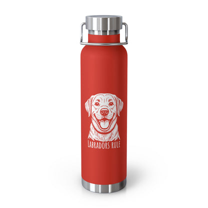 Red water bottle with a white labrador design and 'Labradors Rule' text on a white background