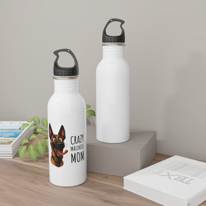 Two white water bottles with black lids on a wooden surface.