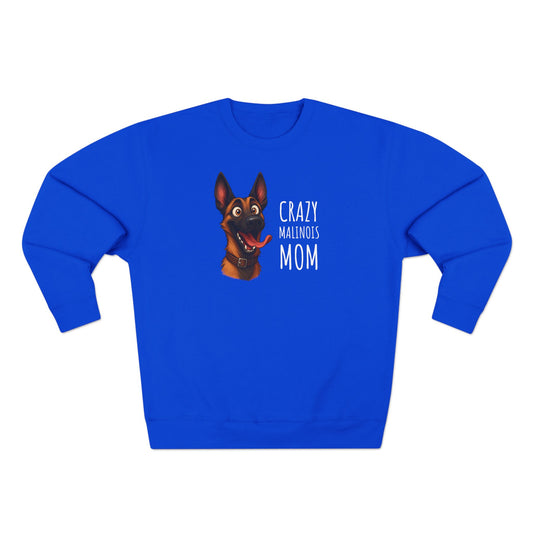 Blue sweatshirt with a dog graphic and text on a white background