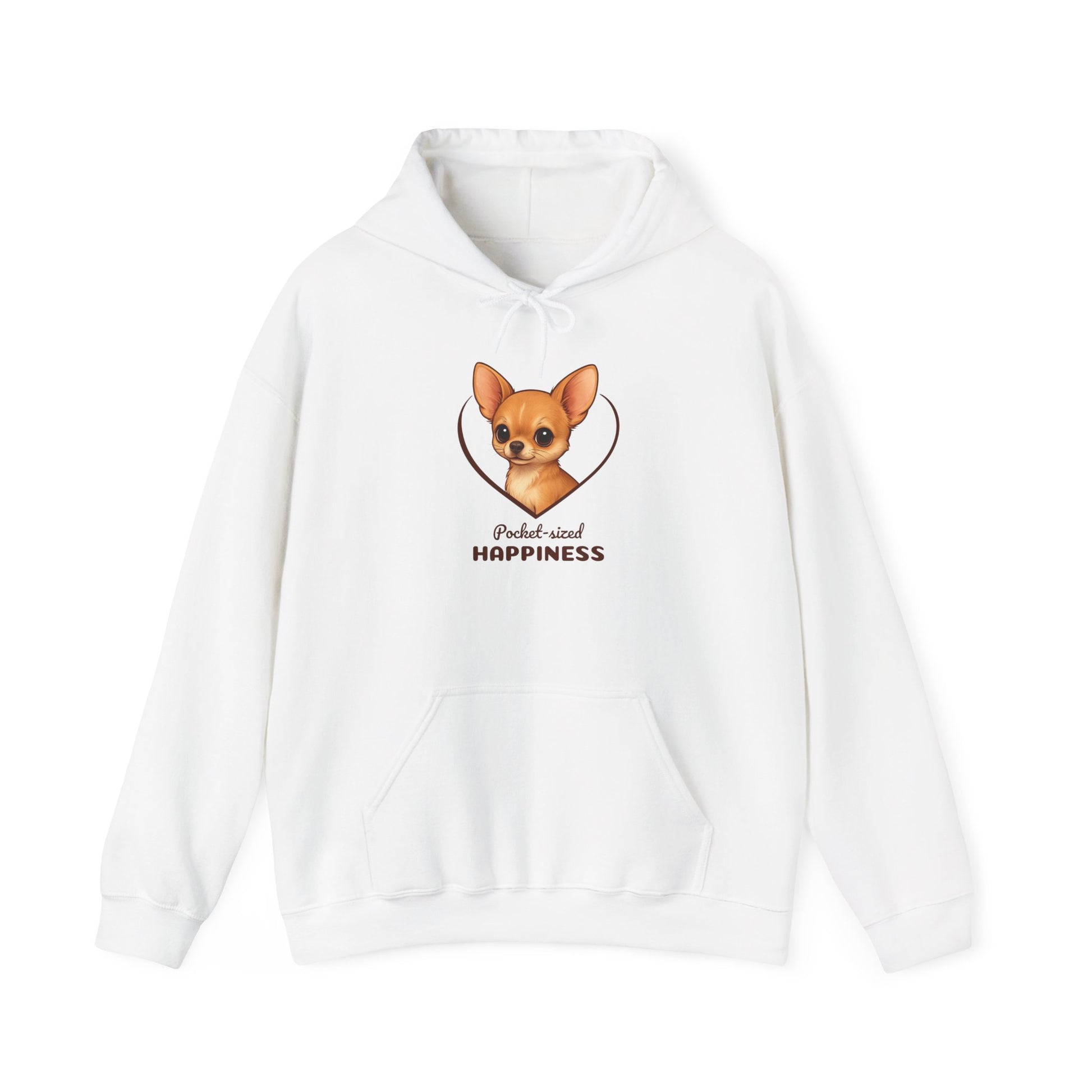 White hoodie with a dog illustration and text on a white background