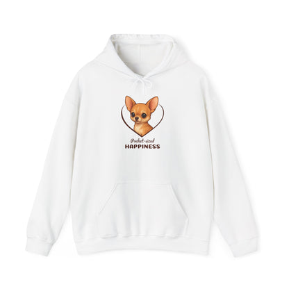 White hoodie with a dog illustration and text on a white background