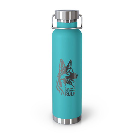 Turquoise water bottle with German Shepherd design and 'German Shepherds Rule' text on a white background