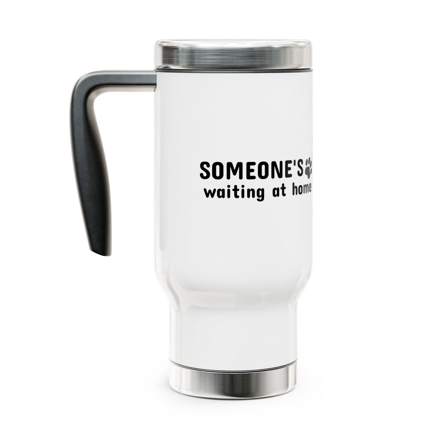 White travel mug with black text on a white background