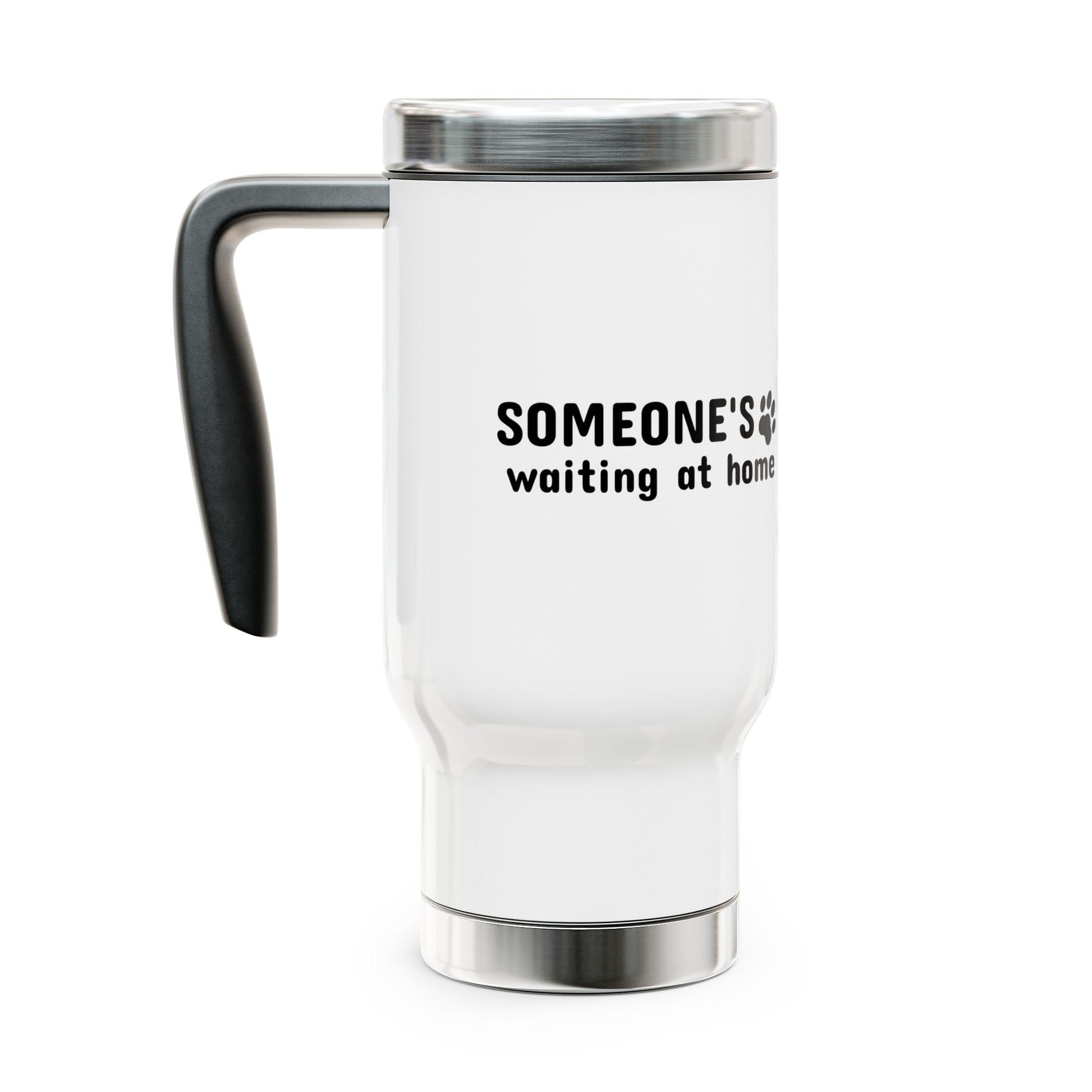 White travel mug with black text on a white background