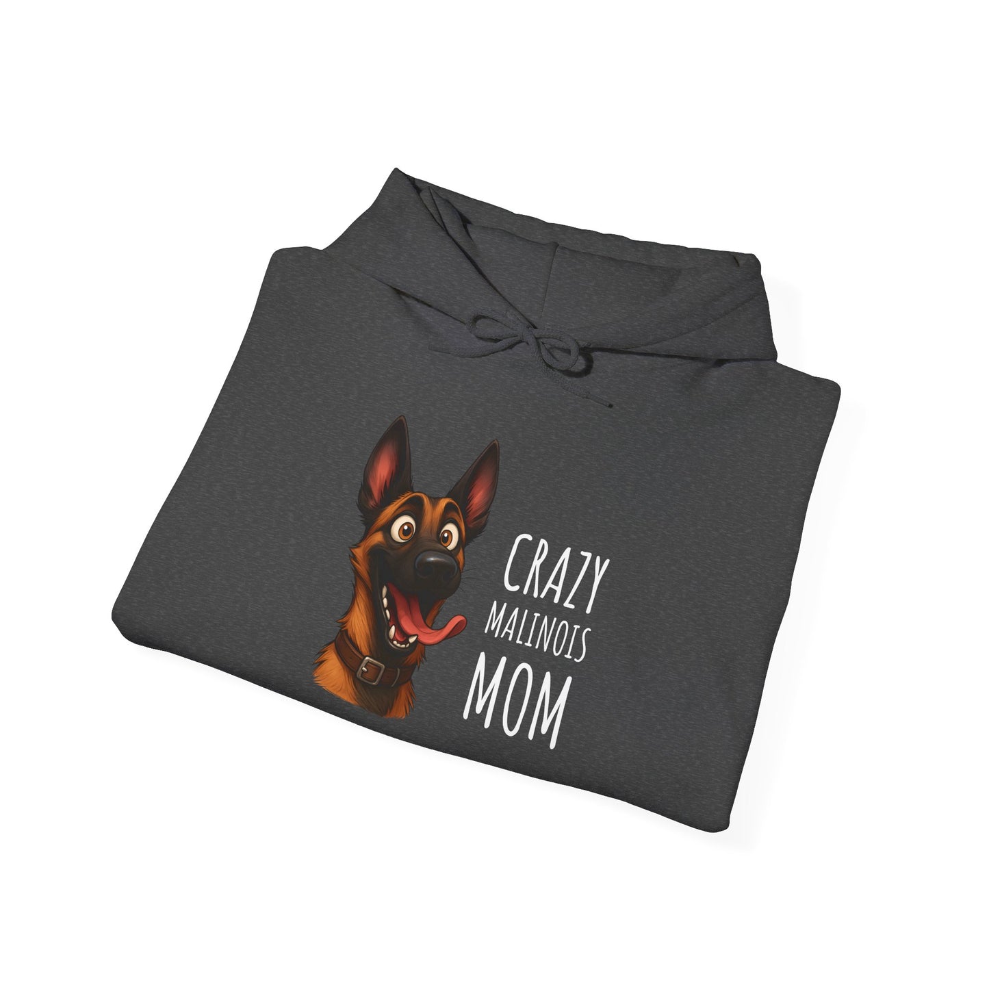 Folded dark gray hoodie with a dog graphic and text on a white background