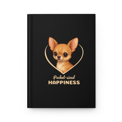 Black notebook with a chihuahua illustration and 'Pocket-sized Happiness' text on a white background