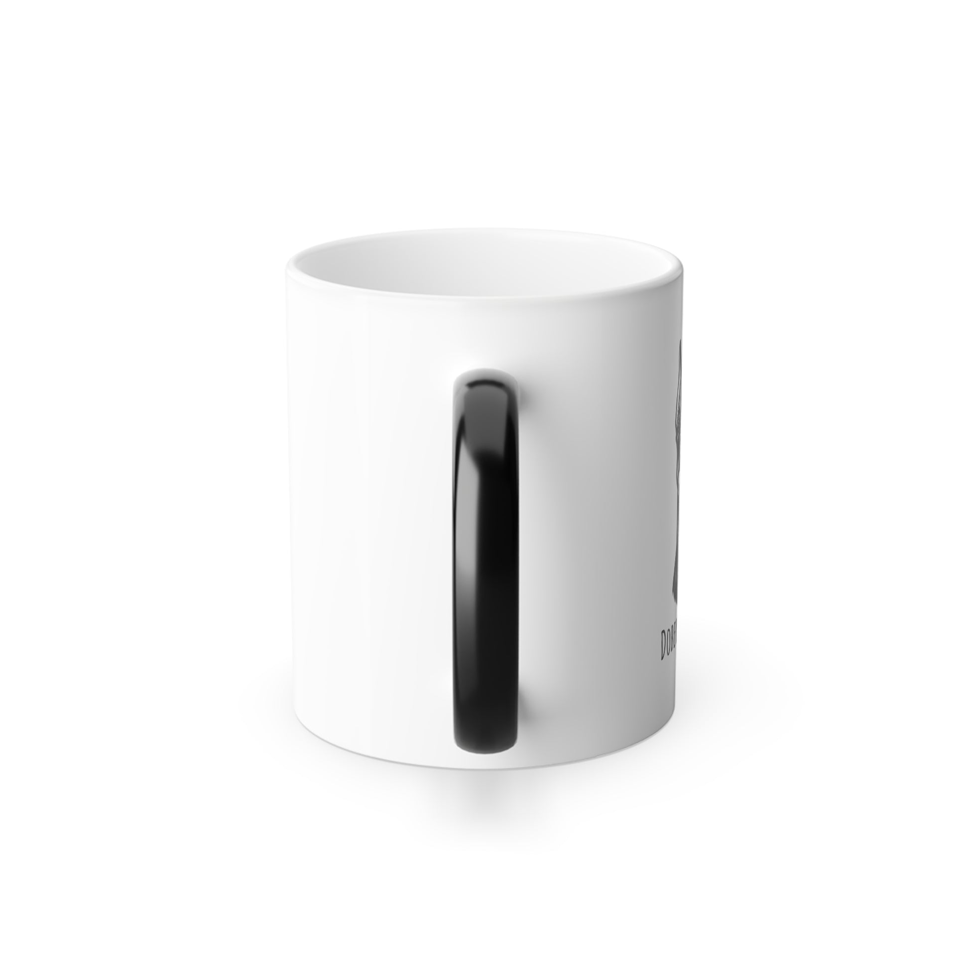 White mug with a black handle on a white background