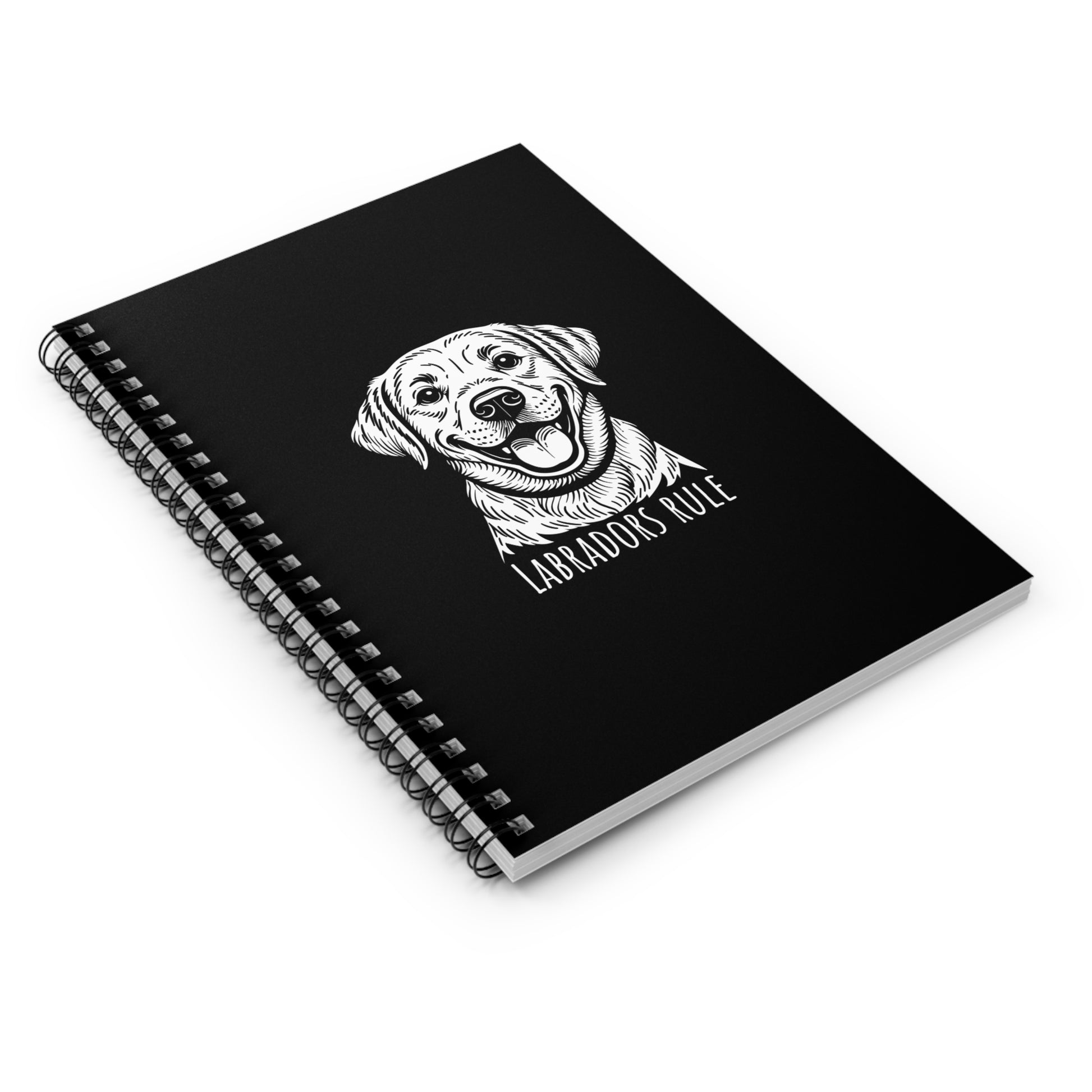 Black notebook with a white labrador illustration and 'Labradors Rule' text on a white background