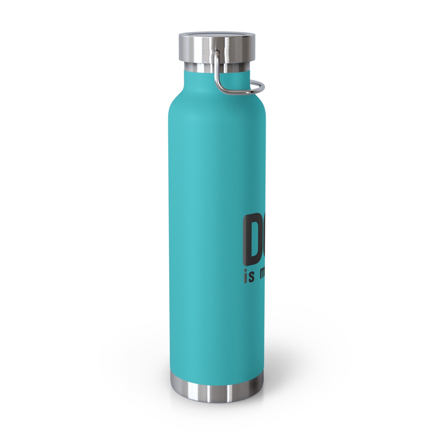 Turquoise water bottle with silver lid and handle on a white background