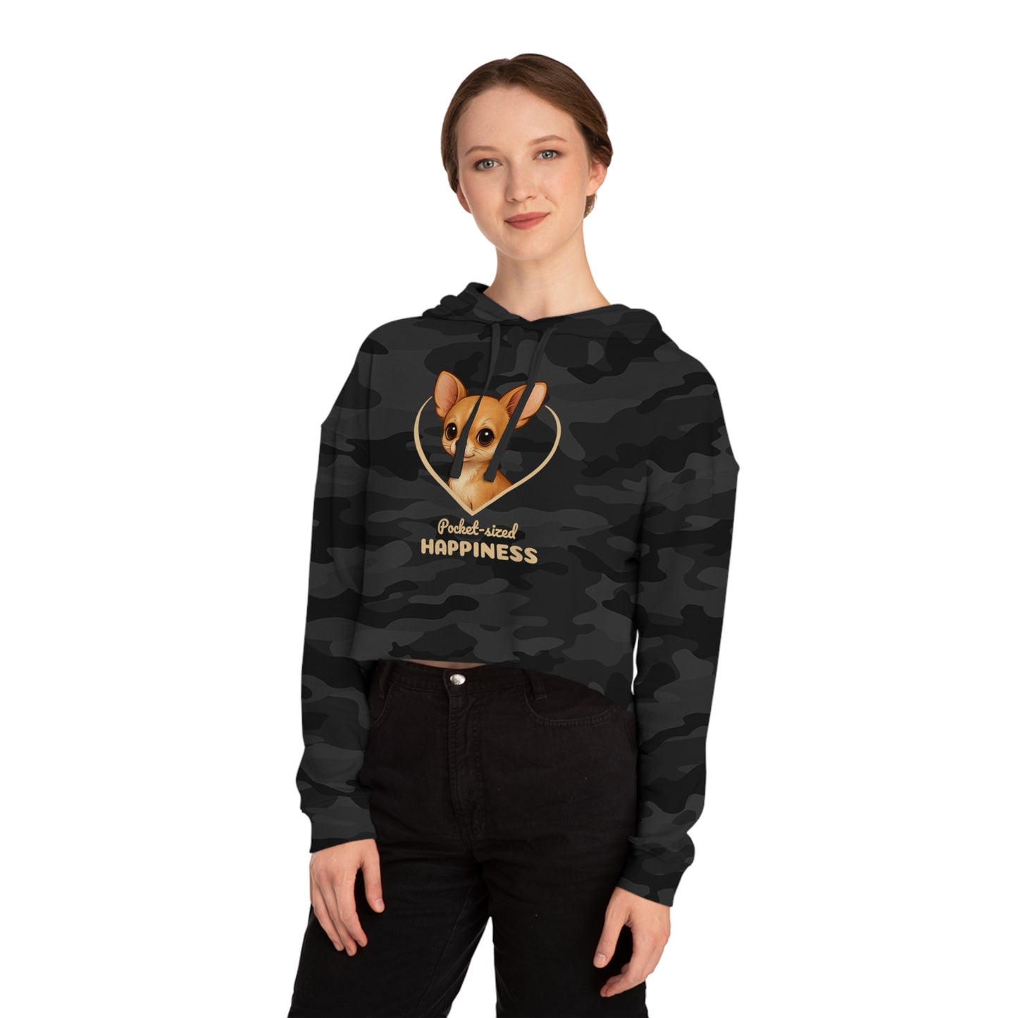 Person wearing a black camo hoodie with a dog graphic and text on a white background