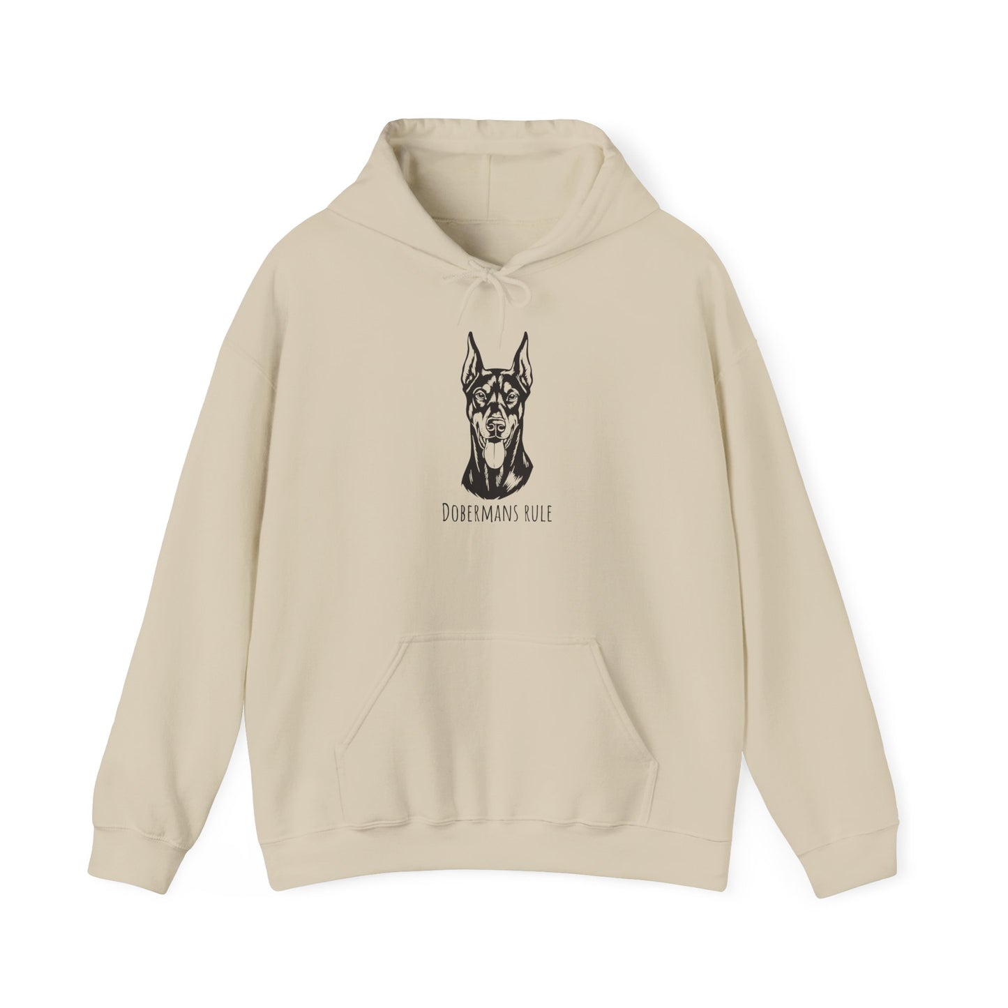 Beige hoodie with a Doberman graphic and 'Dobermann Rule' text on a white background
