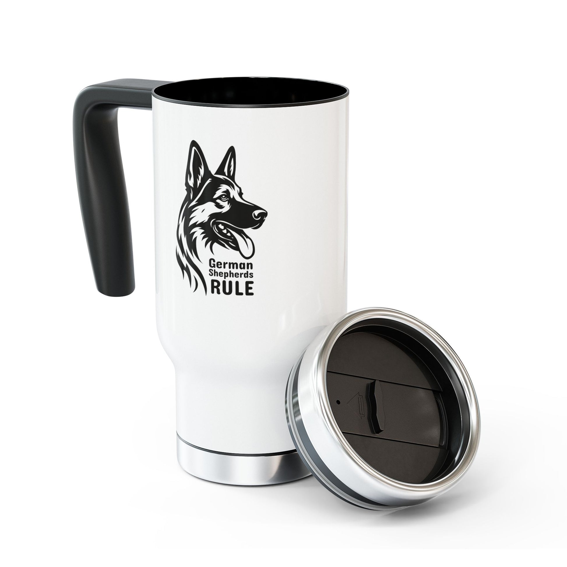 White travel mug with black handle and German Shepherd design, featuring 'German Shepherds Rule' text.