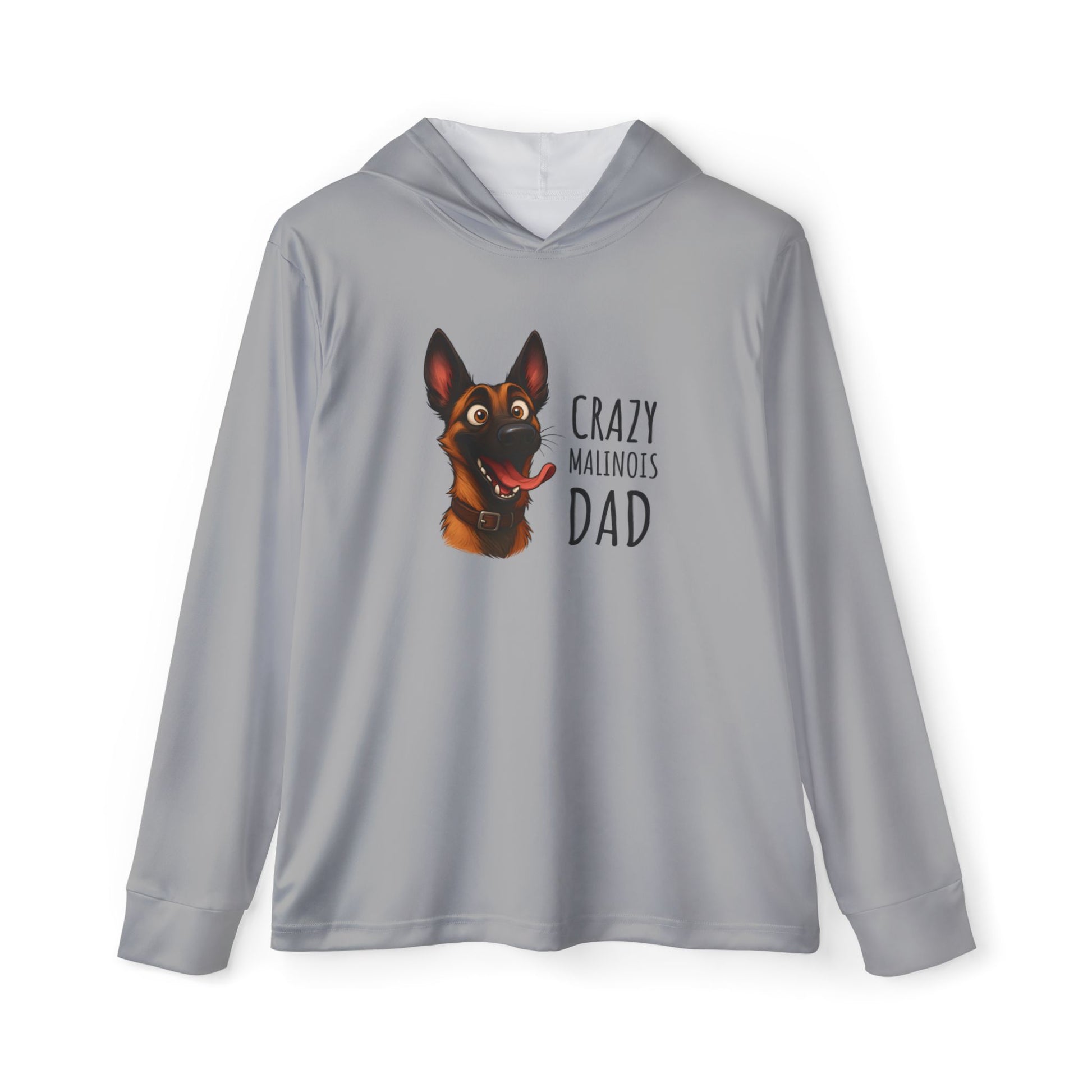 Gray hoodie with a dog graphic and text on a white background