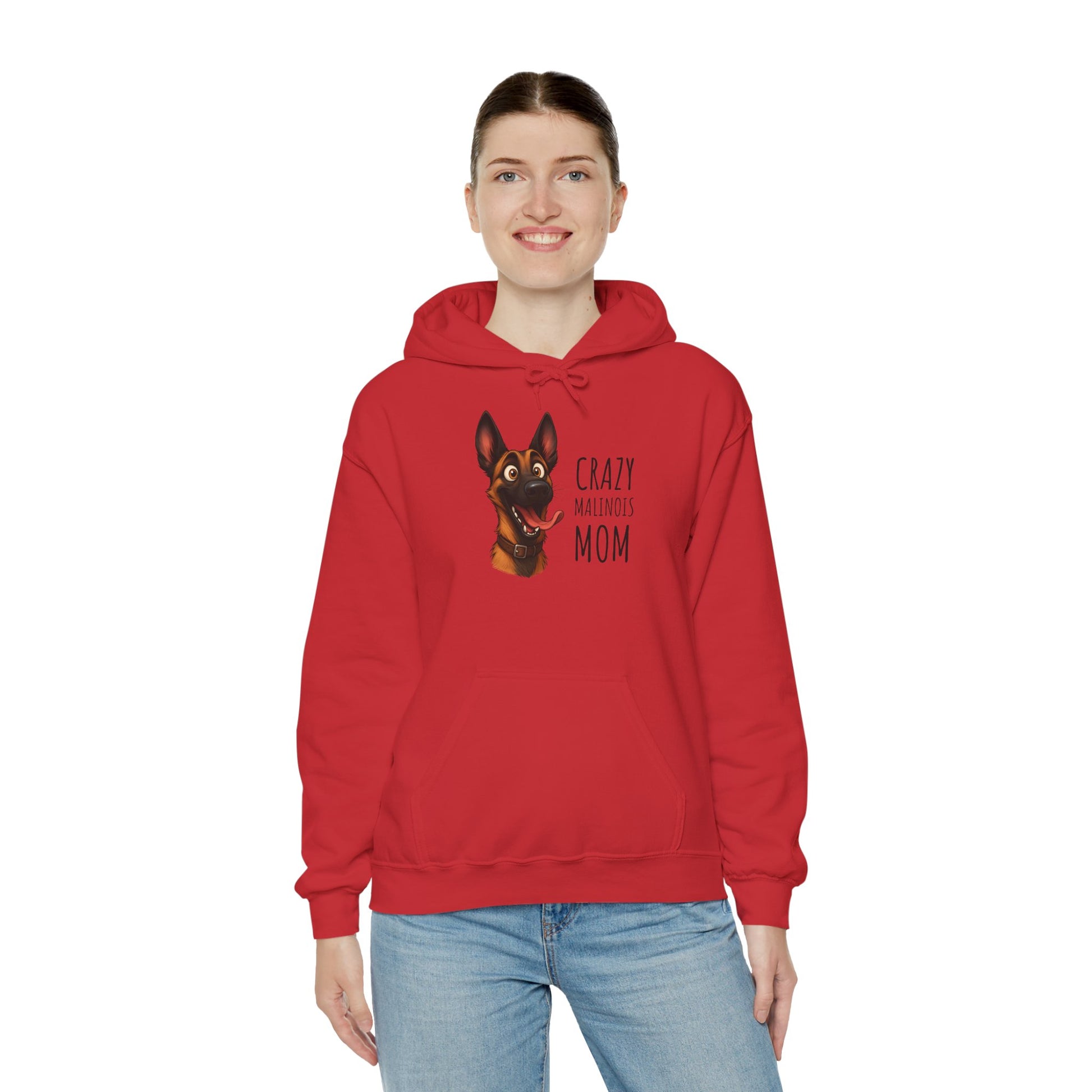 Person wearing a red hoodie with a dog graphic and text on a white background