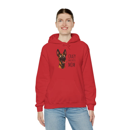 Person wearing a red hoodie with a dog graphic and text on a white background