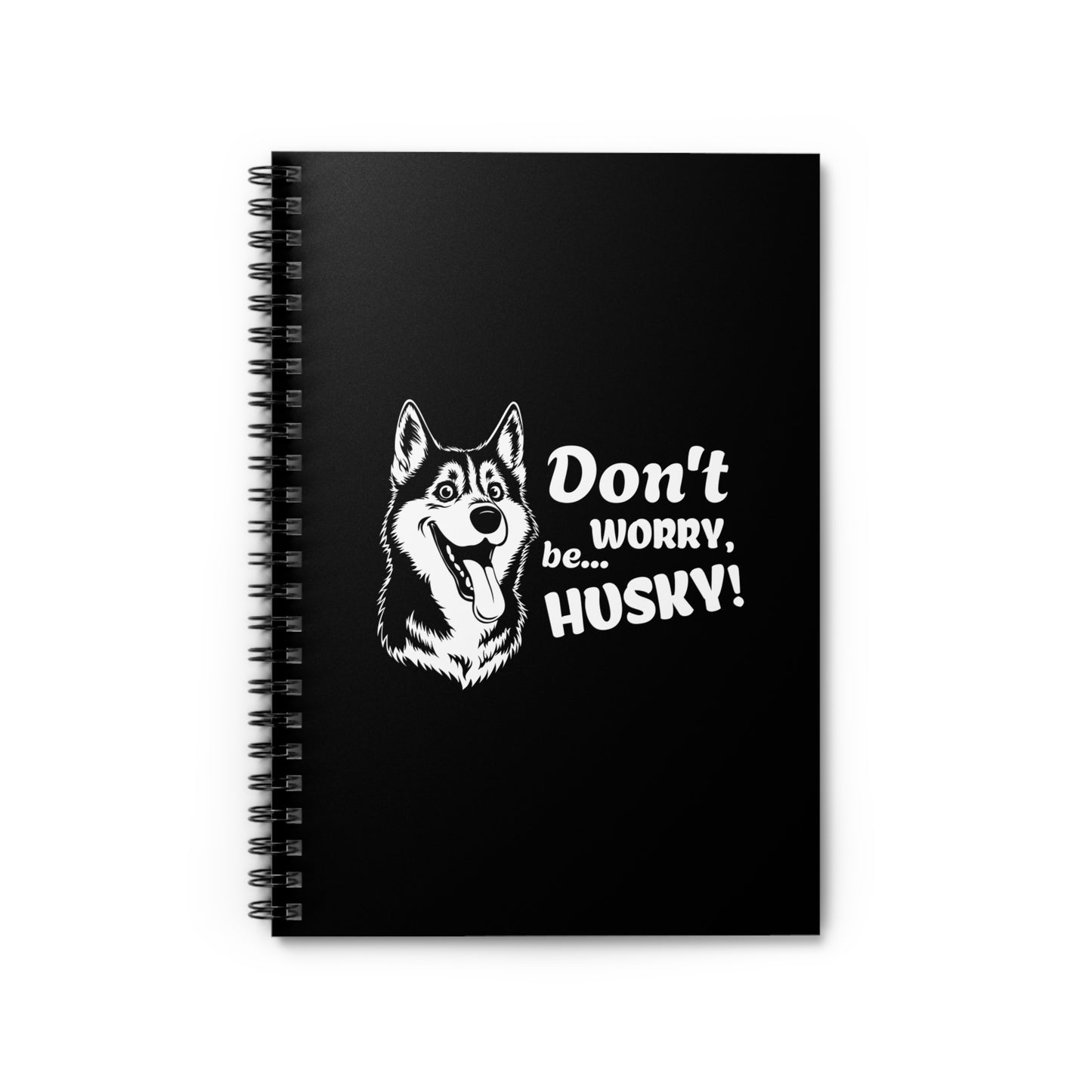 Black notebook with a husky illustration and text on a white background