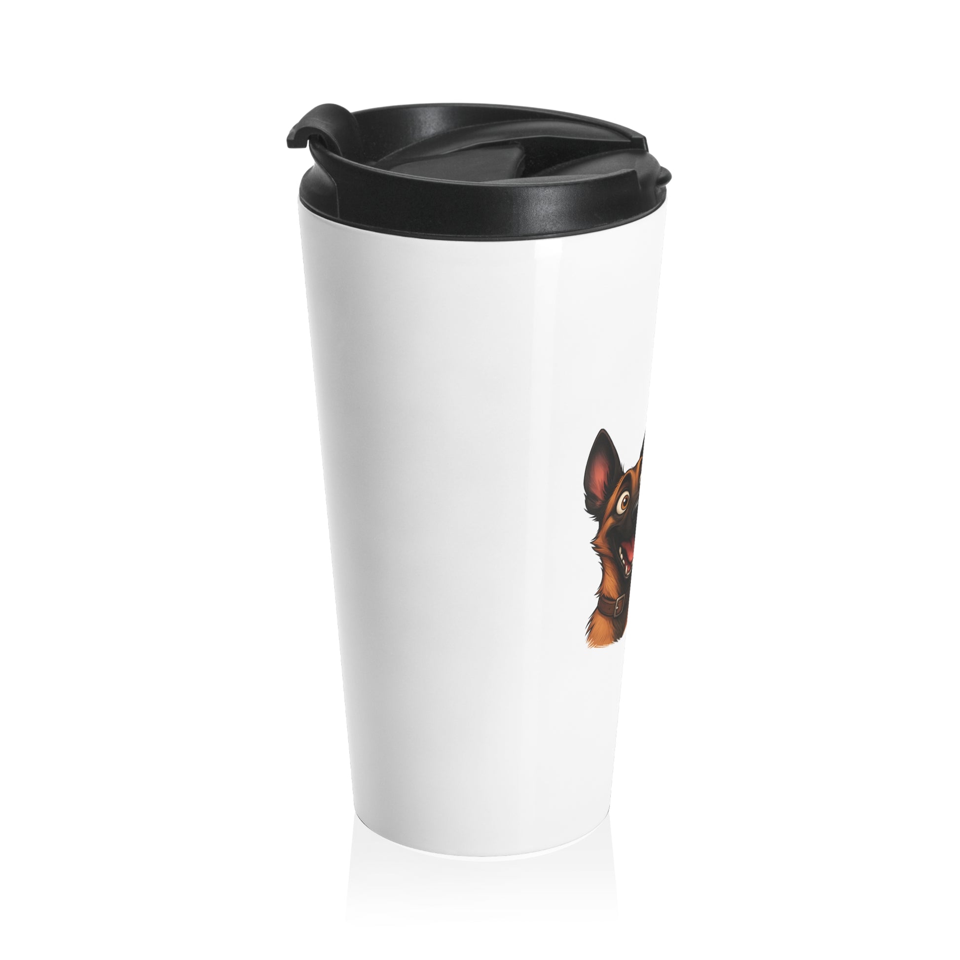 White travel mug with black lid featuring a dog illustration on a white background