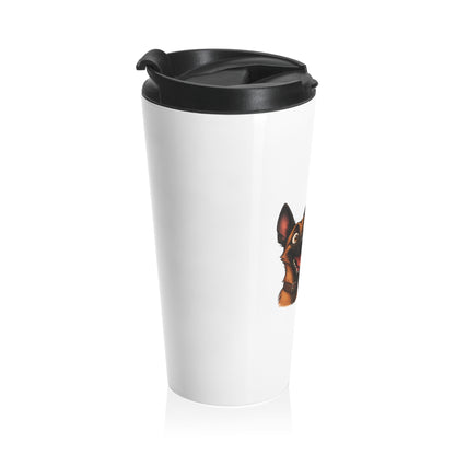 White travel mug with black lid featuring a dog illustration on a white background