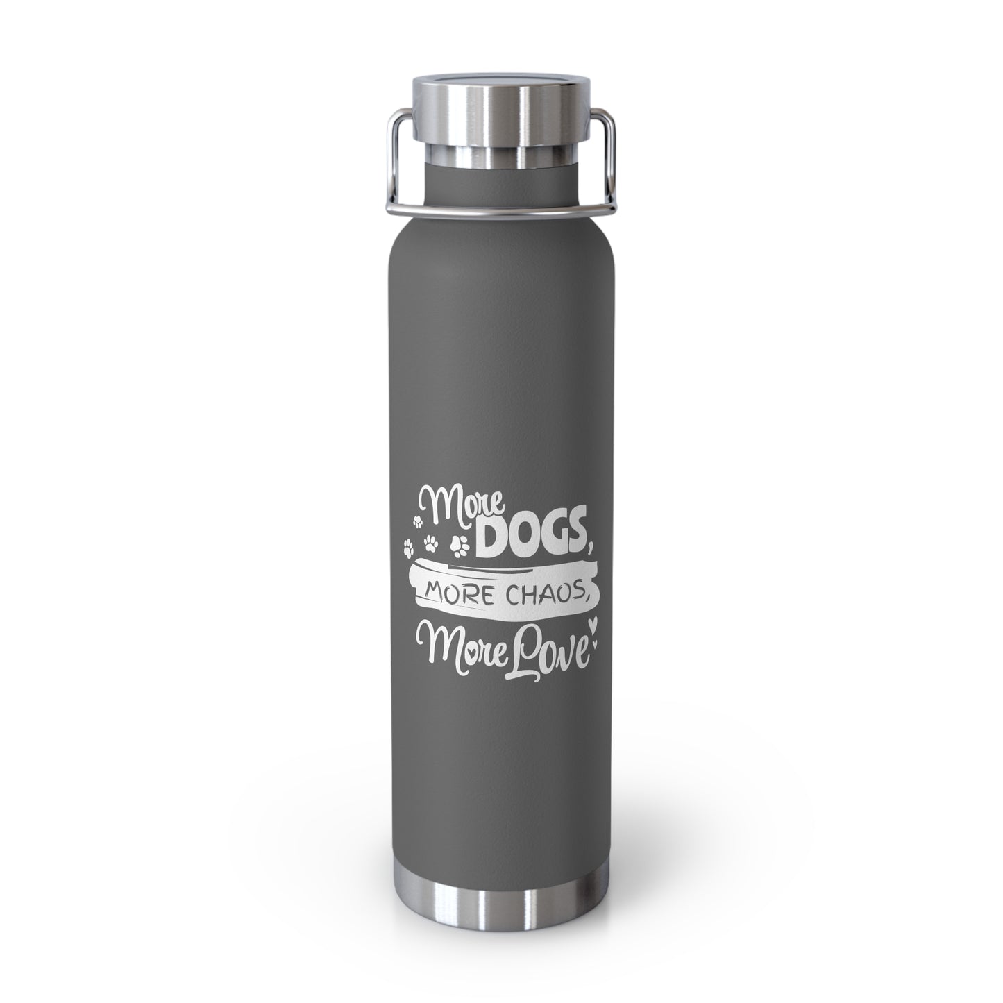 Gray water bottle with white text on a white background