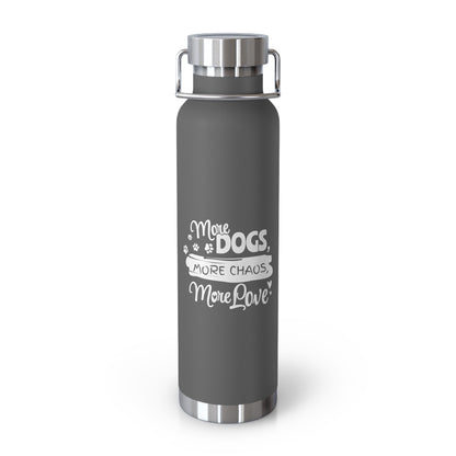 Gray water bottle with white text on a white background