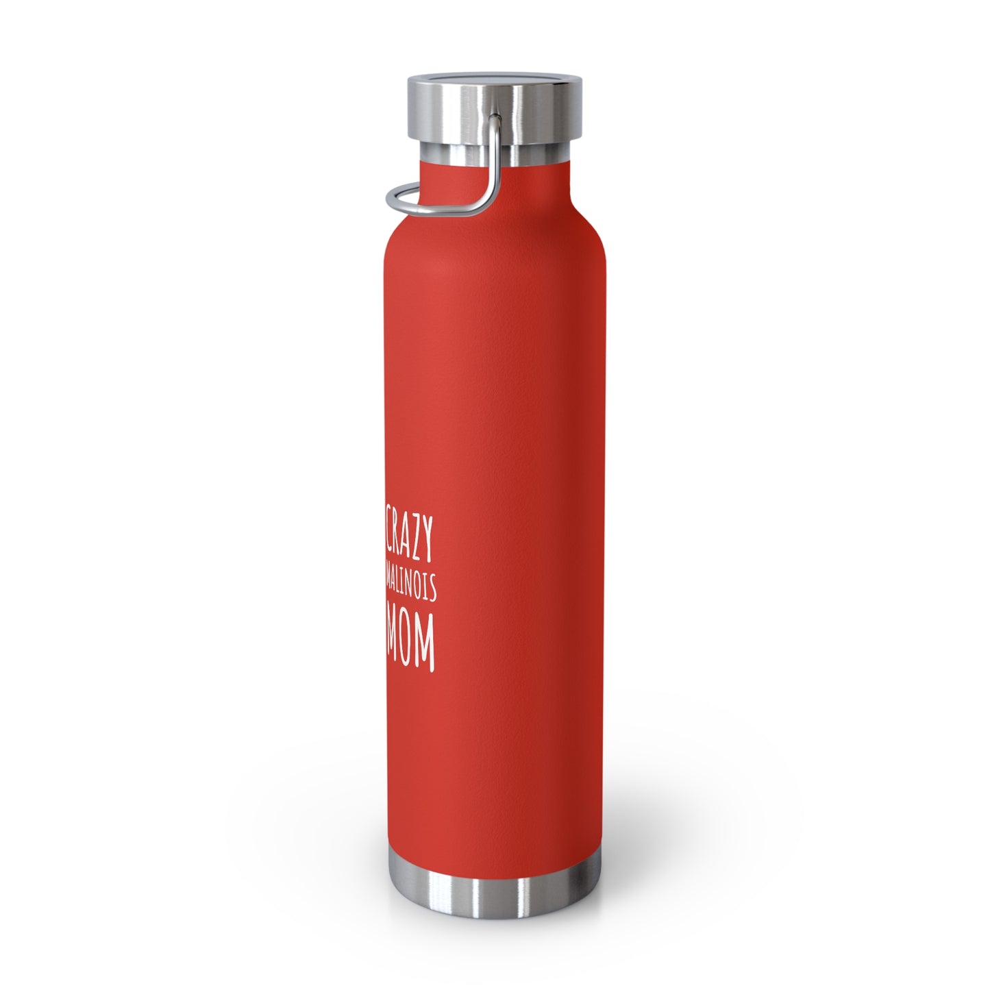 Red water bottle with silver cap on a white background