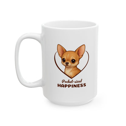 White mug with a cartoon chihuahua and text 'Pocket-sized Happiness' on a white background